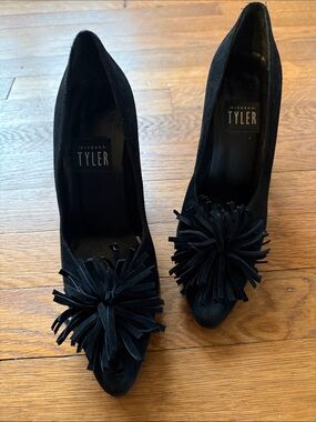 Richard Tyler Black Suede Pom-Pom Pointed Toe Heels